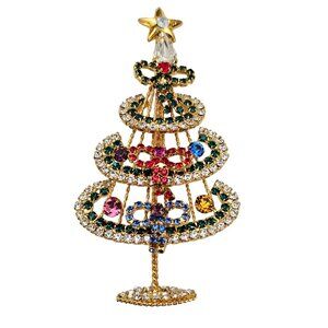 Multi Color Prong Set Rhinestone Bow Dangles Christmas Tree Brooch Pin L398